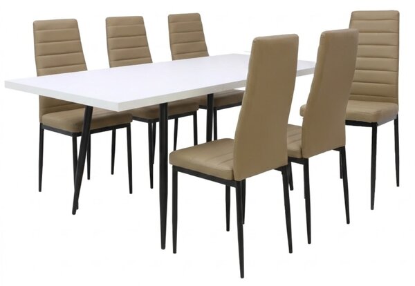Set masă extensibilă Lisabona Albă cu 6 Scaune Oscar Maro Deschis Piele Ecologică