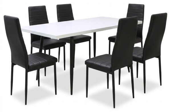 Set masă extensibilă Lisabona Albă cu 6 Scaune Oscar Negru Piele Ecologică
