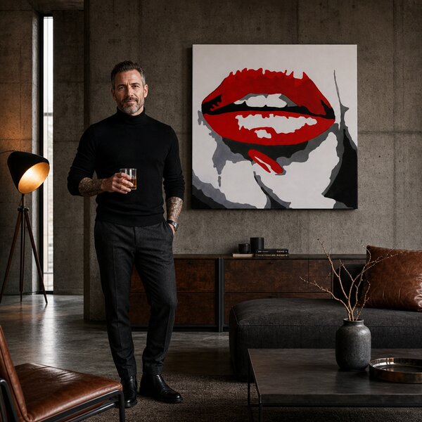 Tablou POP ART pictat manual RED LIPS 1 buc mund - 50x50 cm
