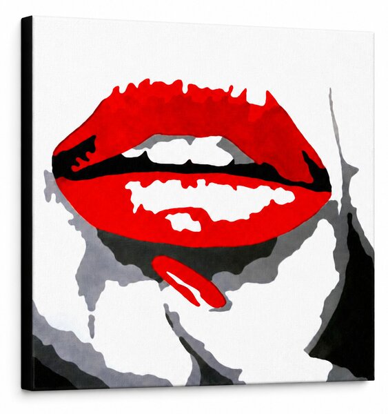 Tablou POP ART pictat manual RED LIPS 1 buc mund - 50x50 cm