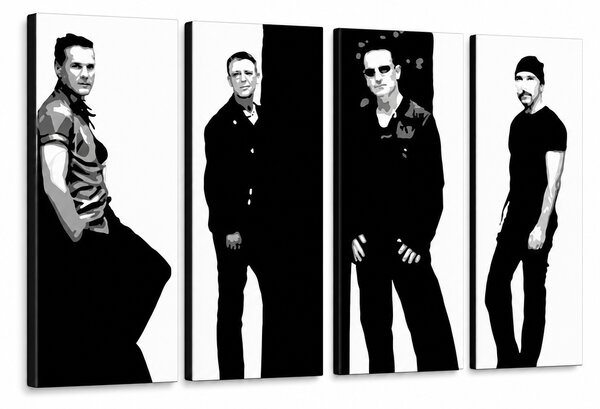 Tablou POP ART pictat manual U2 în negru 4 bucăți U2 - 120x60 cm