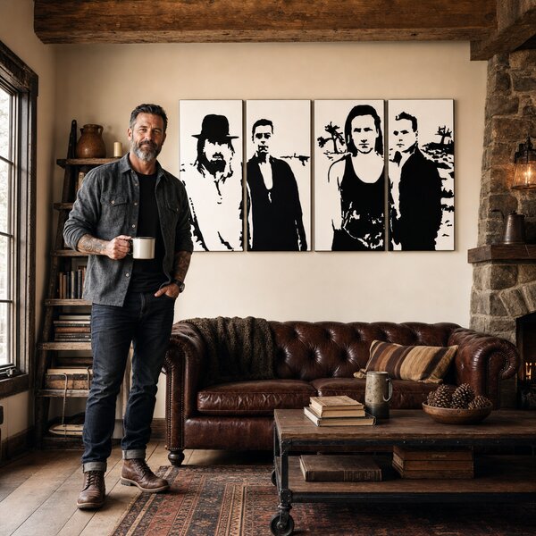 Tablou POP ART pictat manual U2 în negru 4 bucăți U22 - 120x60 cm