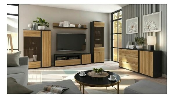 Vitrina LUEN, stejar/negru, PAL laminat/sticla securizata, 95x40x146 c