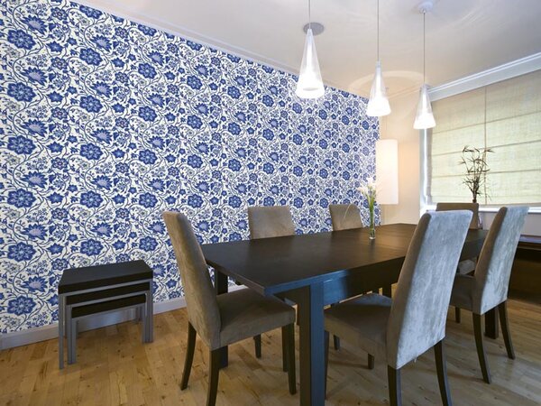 Tapet vlies de lux model floral albastru-alb