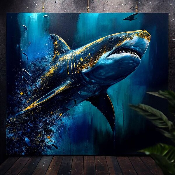 Pictură decorativă pe pânză - PREMIUM ART - Shark Force in Dark Water - 60x50 cm