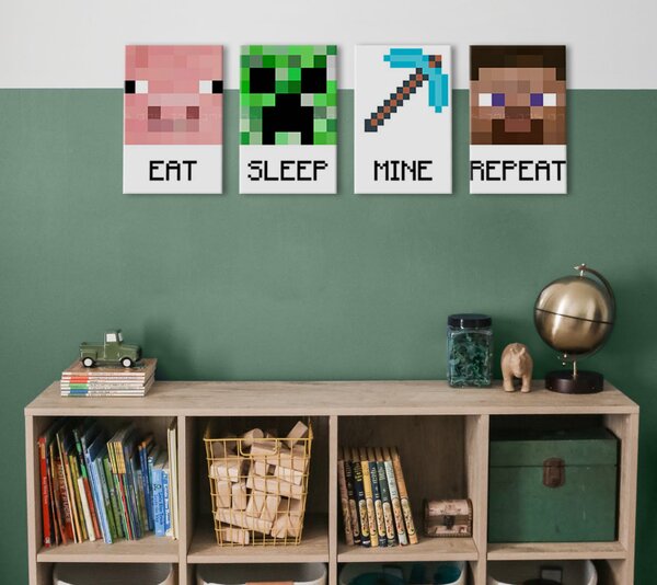 Tablou canvas Minecraft - Personaje recomandate pe pânză - Mănâncă, dormi, mine, repetă - 80x30 cm