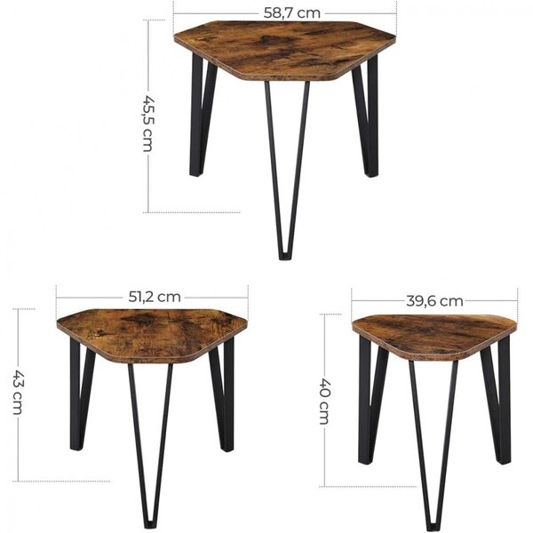 Set 3 măsuțe de cafea, maro rustic 58x58x45cm