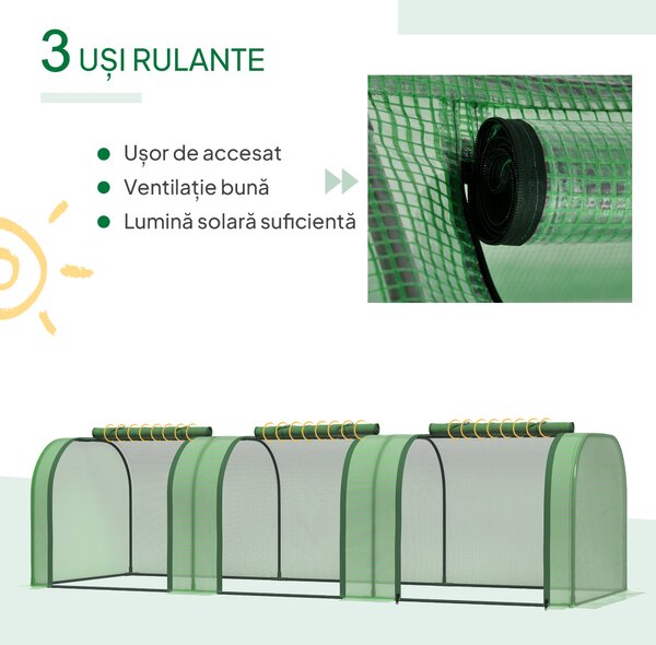 Outsunny Seră de Grădină Tip Tunel din Oțel și Plastic PP, cu Uși Rulabile, 295x100x80 cm, Verde | Aosom Romania