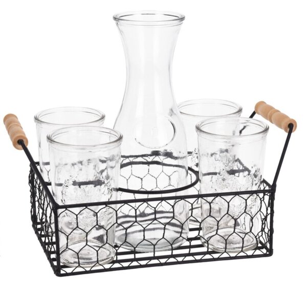 Set 4 pahare din sticlă, cu carafă și suport metalic, 6 piese, Excellent Houseware
