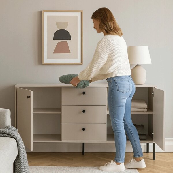 Comodă SOFT 154 cm, cașmir, canelată, două uși, cu sertare