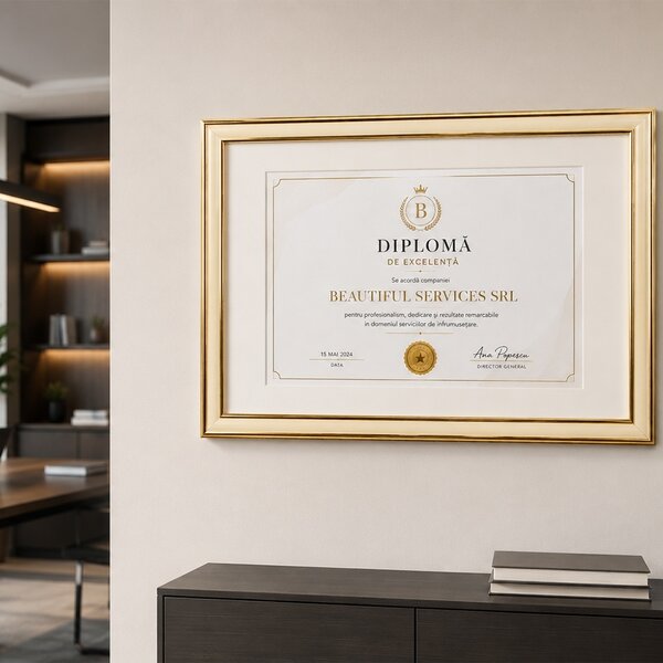 Rama foto decorativa Pufo pentru diploma, certificat, acte sau fotografie A4, design elegant negru cu auriu, 32 x 24 cm, auriu