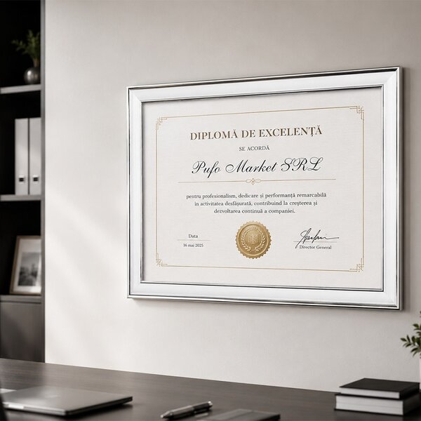 Rama foto decorativa Pufo pentru diploma, certificat, acte sau fotografie A4, design elegant negru cu auriu, 32 x 24 cm, argintiu
