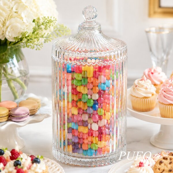 Recipient inalt din sticla tip bomboniera Pufo Luxury, cu capac, pentru bomboane, praline , dischete, accesorii si decorare, 800 ml