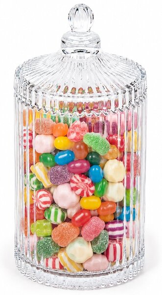 Recipient inalt din sticla tip bomboniera Pufo Luxury, cu capac, pentru bomboane, praline , dischete, accesorii si decorare, 800 ml