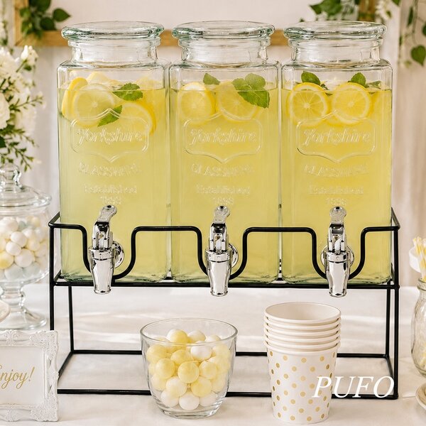 Set 3 dozatoare pentru limonada cu suport metalic, recipiente pentru bauturi si sucuri