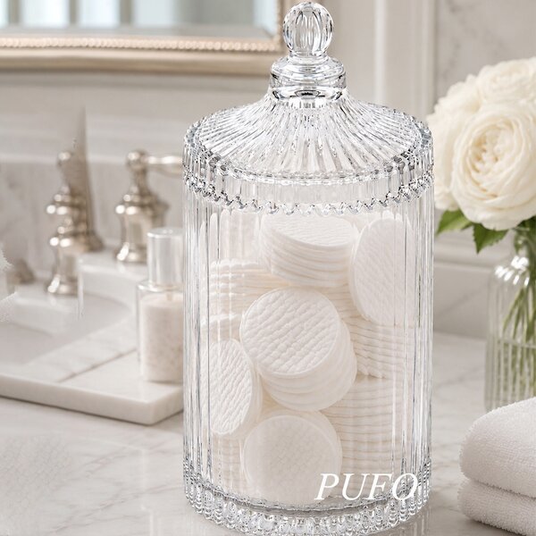 Recipient inalt din sticla tip bomboniera Pufo Luxury, cu capac, pentru bomboane, praline , dischete, accesorii si decorare, 800 ml