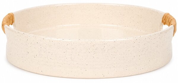 Tava decorativa rotunda ceramica Pufo Creamy cu manere pentru servire, crem, 20 cm