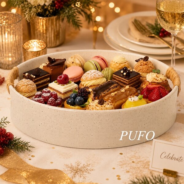 Tava decorativa rotunda ceramica Pufo Creamy cu manere pentru servire, crem, 20 cm