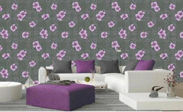 Tapet vlies de lux carouri kaki cu flori