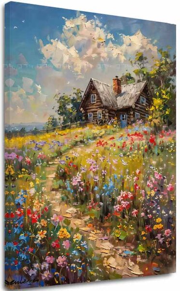Tablou canvas Căsuță într-un câmp de flori | finisată de mâna artistului - 40x60 cm