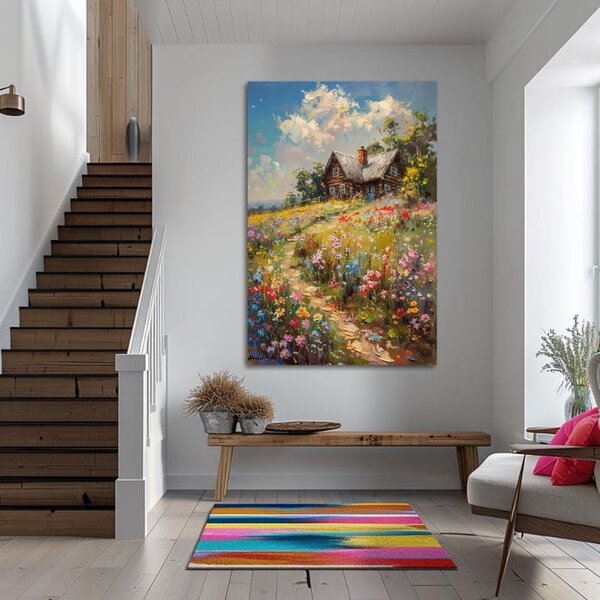 Tablou canvas Căsuță într-un câmp de flori | finisată de mâna artistului - 40x60 cm