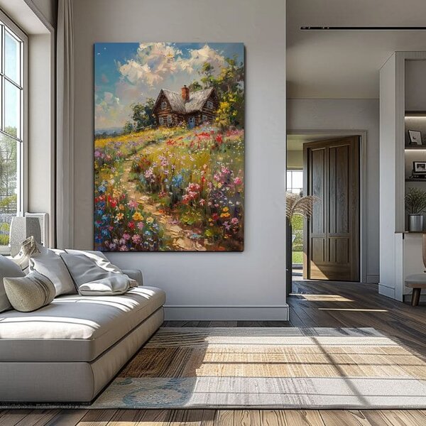 Tablou canvas Căsuță într-un câmp de flori | finisată de mâna artistului - 40x60 cm