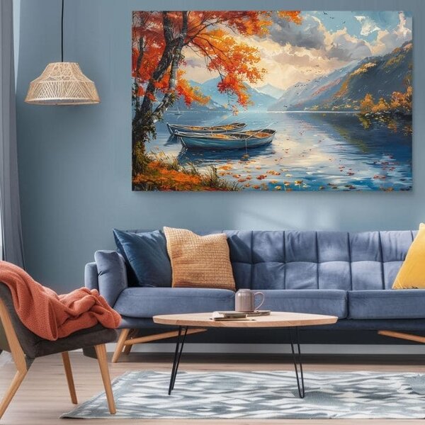 Pictură peisaj pe pânză Frunze de toamnă lângă lac | finisată de mâna artistului - 40x60 cm