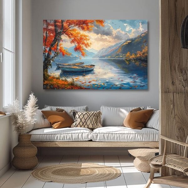 Pictură peisaj pe pânză Frunze de toamnă lângă lac | finisată de mâna artistului - 40x60 cm