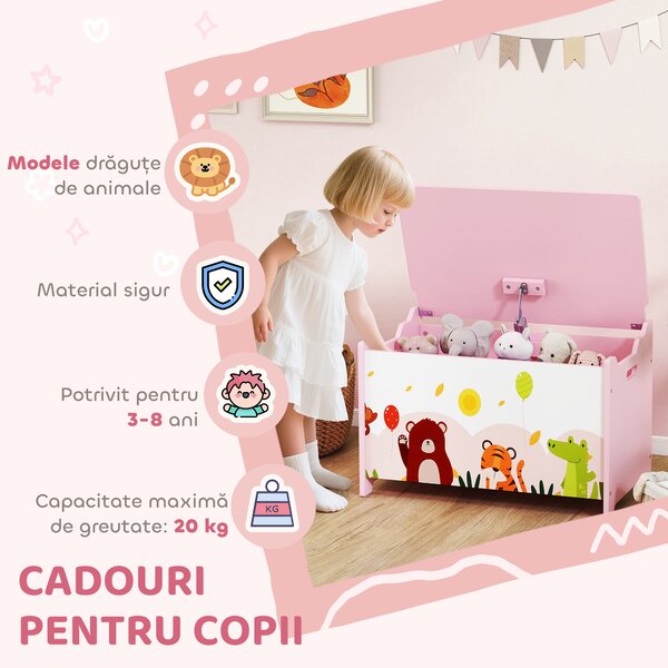 AIYAPLAY Ladă de depozitare pentru jucării cu balamale de siguranță din lemn pentru copii, Roz | Aosom Romania