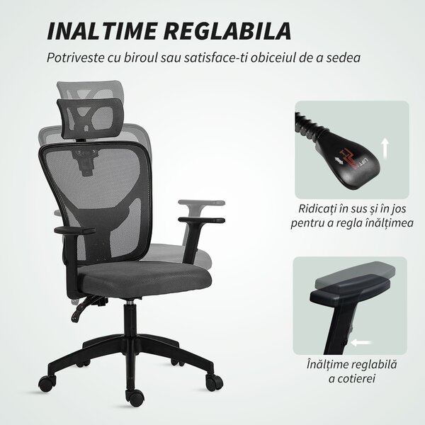 Vinsetto Scaun de Birou cu Inaltime Reglabila, 66x61x106-116cm, Gri Închis | Aosom Romania