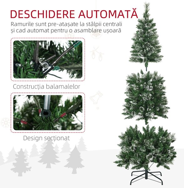 Brad de Craciun 180cm Artificial cu 240 Lumini LED si 618 Ramuri, Brad Acoperit cu Zapada Inalt si Ingust cu Postament din Otel HOMCOM | Aosom RO