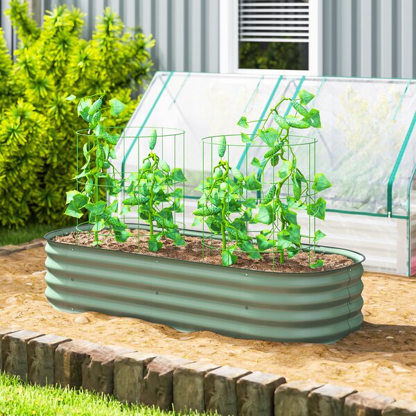 Outsunny Paturi Inaltate Galvanizate pentru Gradina, Cutie Inaltata din Metal cu Margine de Siguranta, pentru Cultivarea Florilor, Ierburilor, Verde