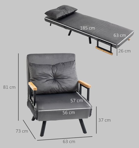 HOMCOM Canapea Extensibilă cu Spătar Reglabil pe 5 Nivele, Canapea Pat Individuală Pliabilă cu Perne, 63x73x81 cm, Gri | Aosom Romania