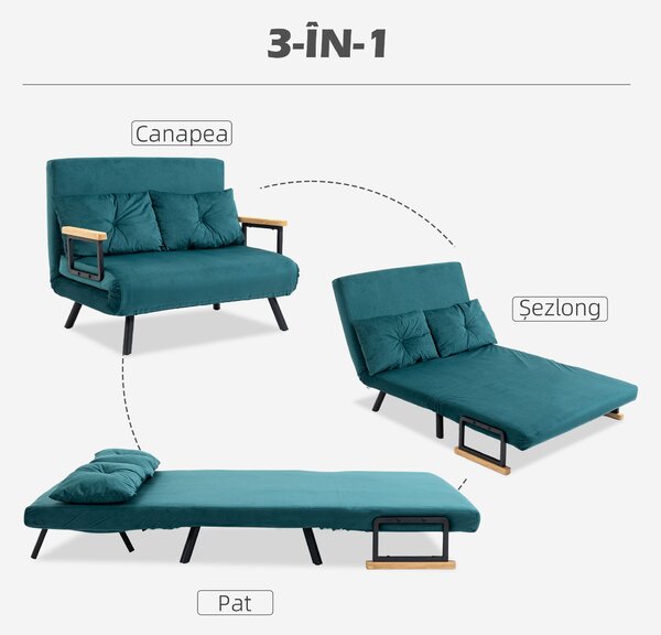 HOMCOM Canapea Dubla Extensibila 3 in 1 Catifea cu Spatar Reglabil pe 5 Niveluri si Perne Capitonate, Verde marin | Aosom Romania