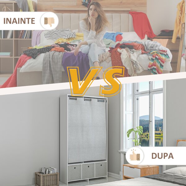 HOMCOM Dulap Modern cu Bară de Agățat, 3 Compartimente și Sertare din Țesătură, Organizator de Haine pentru Dormitor, Natural | Aosom Romania