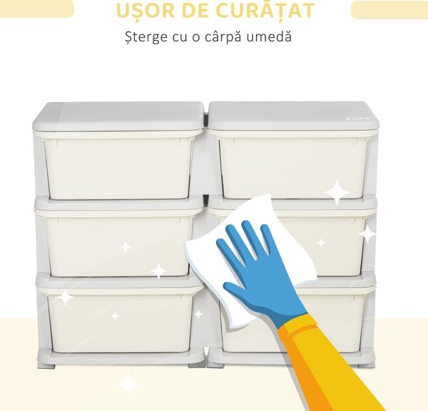 HOMCOM Comodă cu 6 Sertare pentru Copii 3-6 Ani cu Margini Rotunjite, din PP Crem, 75x37x56.5 cm | Aosom Romania
