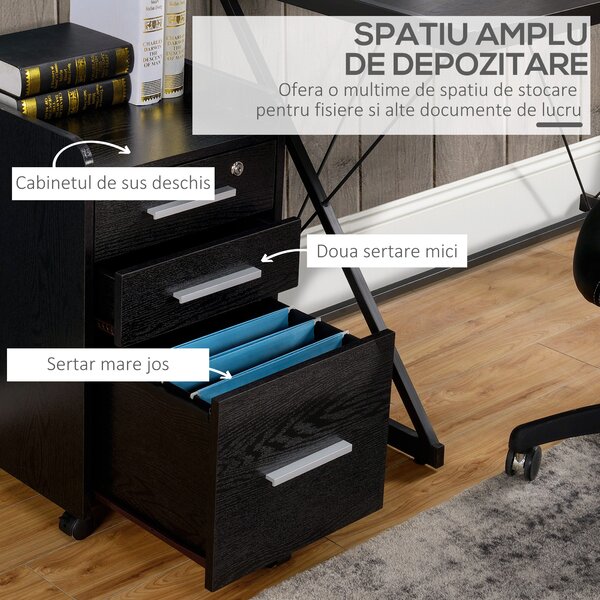 HOMCOM Dulap Portadocumente din Lemn cu 3 Sertare cu Chei de Securitate și 5 Roți, 39.2x40x65.4 cm, Negru | Aosom Romania