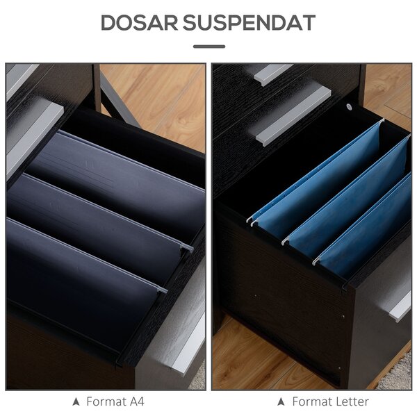 HOMCOM Dulap Portadocumente din Lemn cu 3 Sertare cu Chei de Securitate și 5 Roți, 39.2x40x65.4 cm, Negru | Aosom Romania