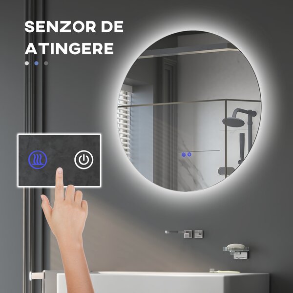 Kleankin Oglinda de Baie Rotunda cu Lumina LED in 3 Culori si intrerupatoare Touch, Ø70x3.5 cm, Transparent | Aosom Romania