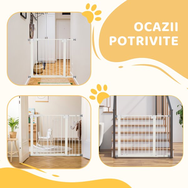 PawHut Poartă pentru Câini de Talie Mică și Medie cu Dublă Încuietoare și Închidere Automată, 76-103x4.2x77 cm, Alb | Aosom Romania