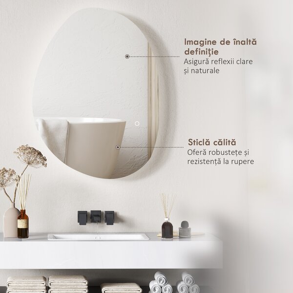 HOMCOM Oglindă de Baie LED cu Comutator Tactil Inteligent și Intensitate Reglabilă, 80x5x60 cm, Argintiu | Aosom Romania
