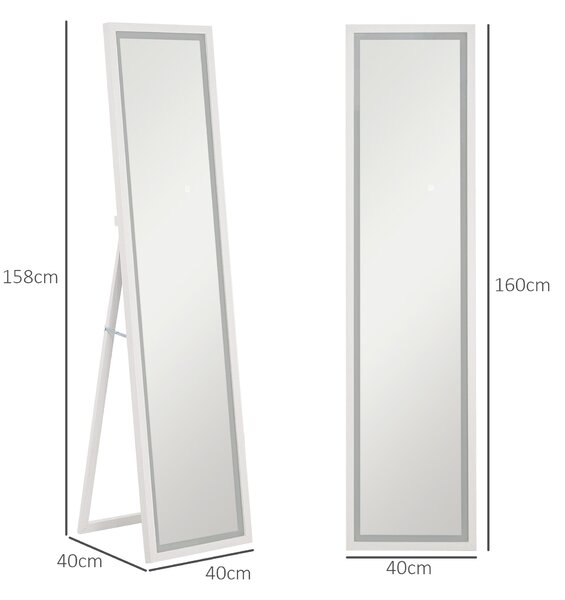 HOMCOM Oglindă Iluminată cu Lumini LED Reglabile și Buton Tactil, din Sticlă și MDF, 40x5x160 cm, Alb | Aosom Romania