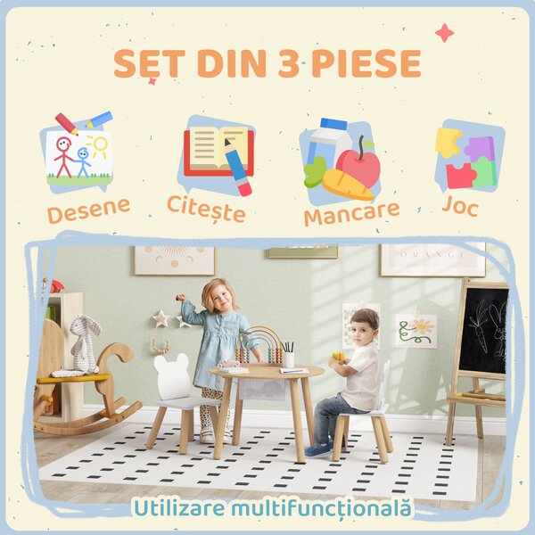 AIYAPLAY Set cu Masă și 2 Scaune pentru Copii cu Spătar în Formă de Ursuleț, Masă cu Spațiu de Depozitare, Alb și Lemn | Aosom Romania