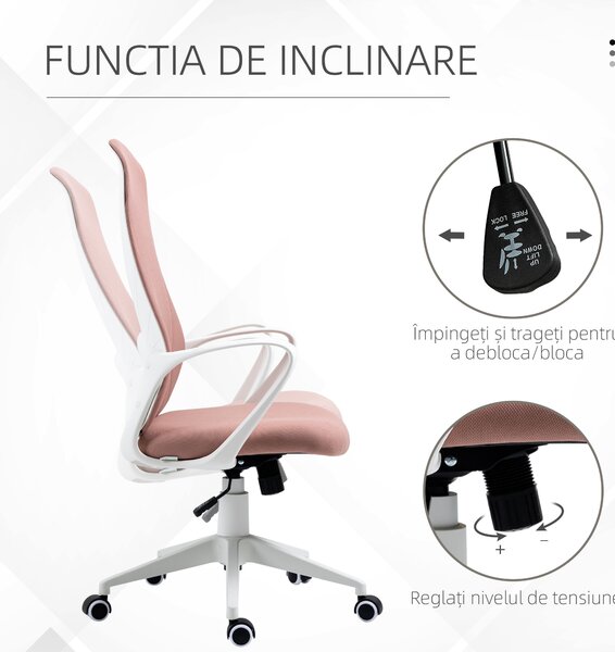 Vinsetto Scaun de birou ergonomic și căptușit, cu înălțime ajustabilă și balans, 62x56x110-119,5 cm, roz | Aosom Romania