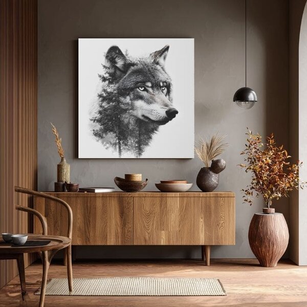 Tablou pe pânză Wolf View - Motiv modern alb-negru - 70x70 cm
