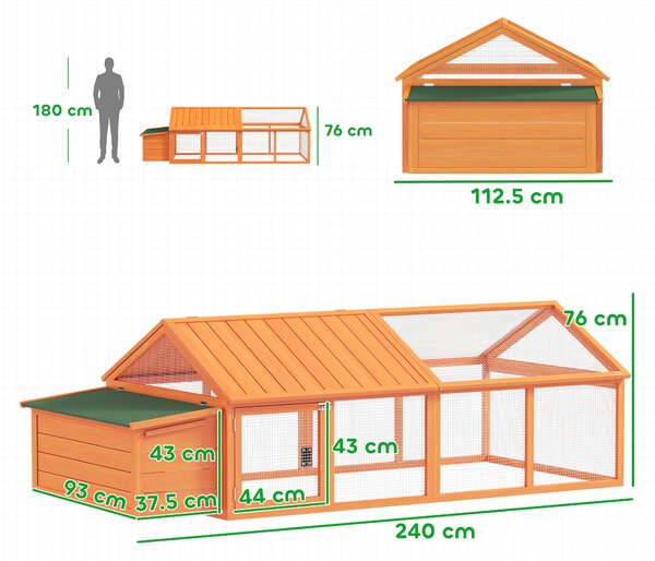 PawHut Coteț pentru Găini de Exterior cu Acoperiș Rabatabil și Ușă Largă Pentru 4-8 Găini, 240x112,5x76 cm, Portocaliu | Aosom Romania