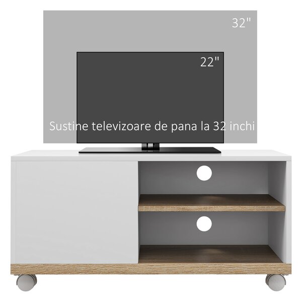 HOMCOM Dulap TV 42" Max cu 2 Rafturi deschise si Usa, Dulap TV Jos din PAL cu Roti, 80x45x39.5 cm, Alb | Aosom Romania