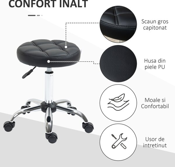 HOMCOM Scaun Rotativ cu Roti, Rotund, Scaun pentru Coafor și Estetician cu Înălțime Ajustabilă, Tapițat în Piele Ecologică, Ø35.5x51-67 cm, Negru