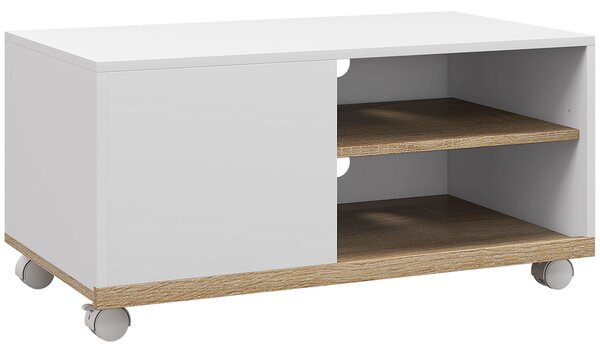 HOMCOM Dulap TV 42" Max cu 2 Rafturi deschise si Usa, Dulap TV Jos din PAL cu Roti, 80x45x39.5 cm, Alb | Aosom Romania
