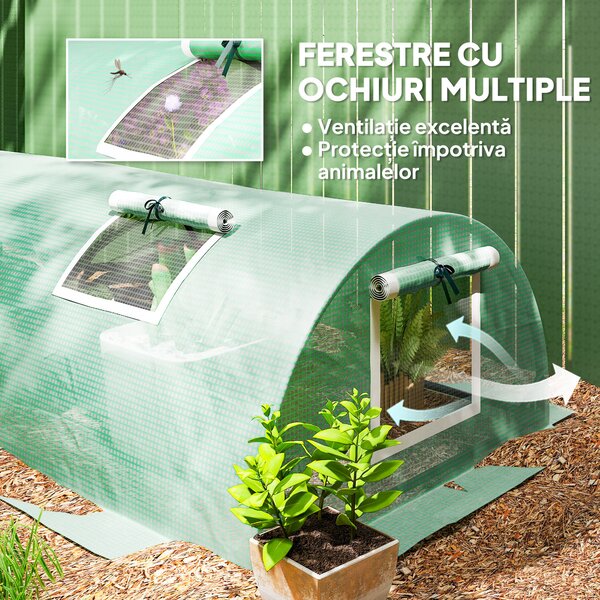 Outsunny Seră de Grădină Tunel cu 5 Ferestre Rulante din Oțel, PE și PP, 300x80x45 cm, Verde | Aosom Romania